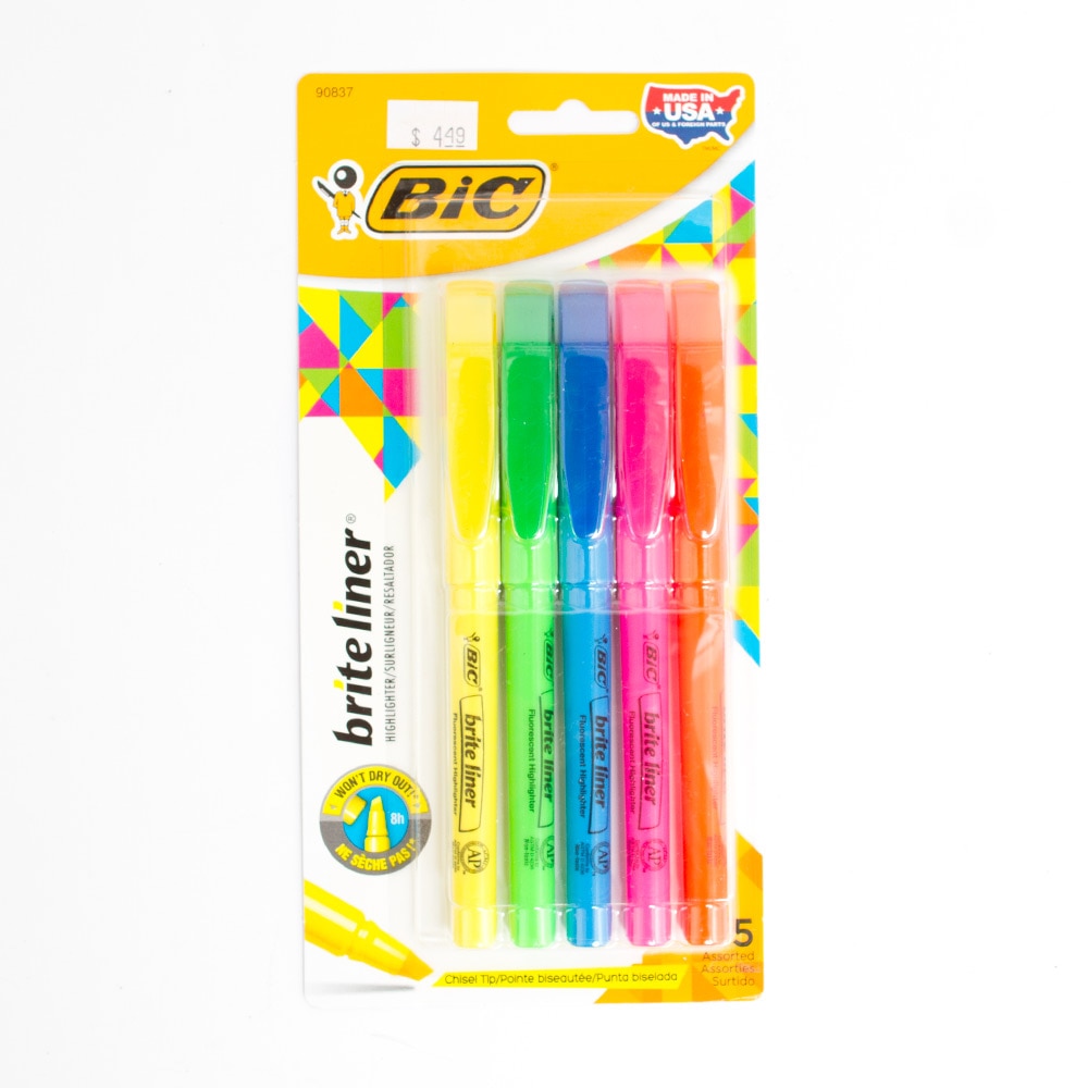 Bic, Highlighters, Art & School, Brite Liner, Hiliter, Assorted colors, 5 pack, 245222